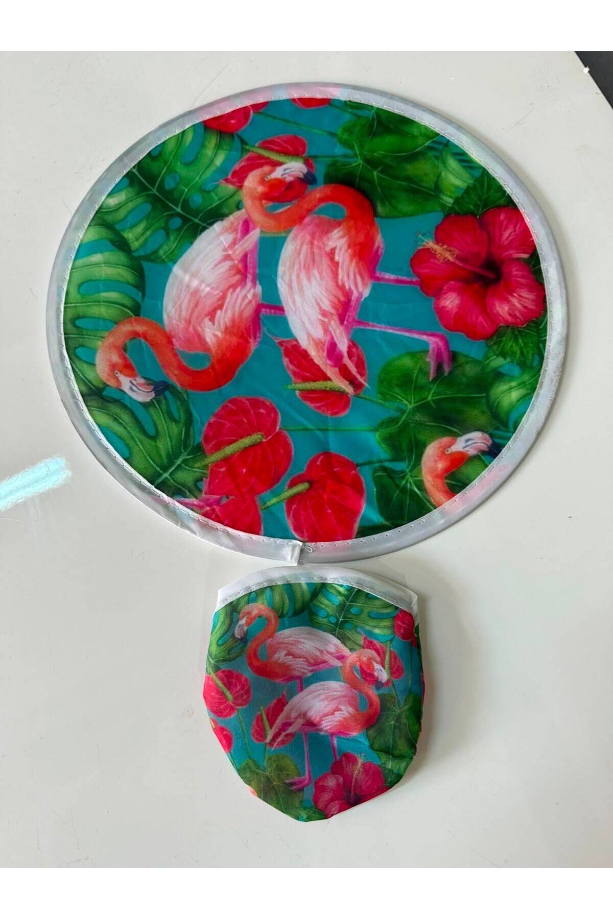 Katlanabilir Yuvarlak Flamingo Desenli El Yelpazesi – Yazlık Taşınabilir Mini Yelpaze