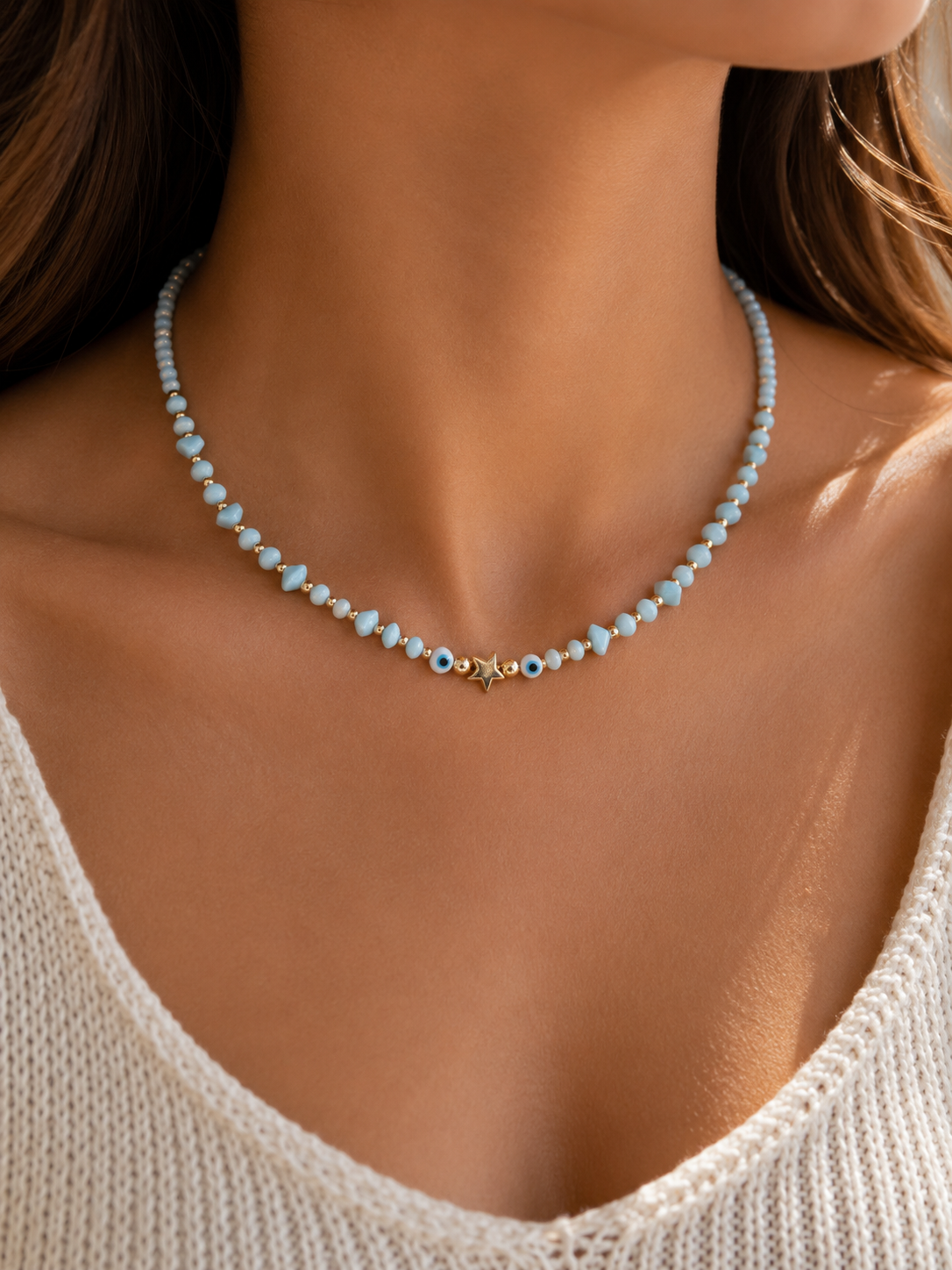 Nazar Boncuklu Yıldız Detaylı Açık Mavi Boncuk Kolye – El Yapımı Yaz Kolyesi