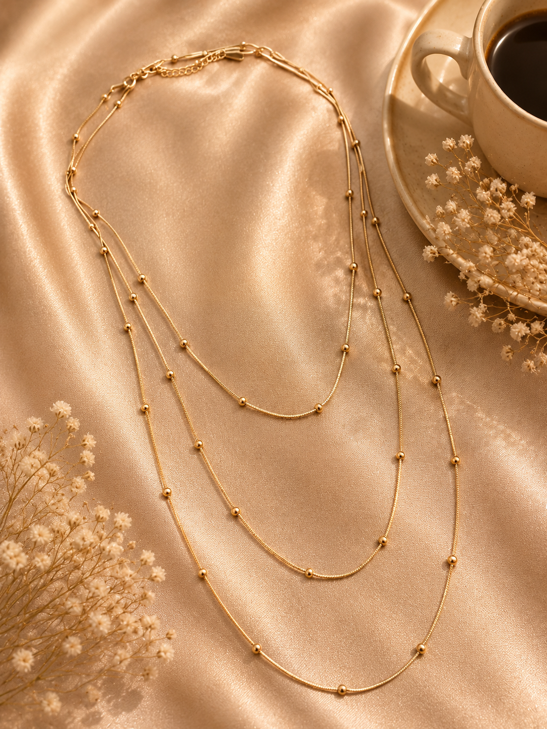 3 Katlı Gold Renk Top Detaylı Çelik Kolye – Katmanlı Zarif Tasarım