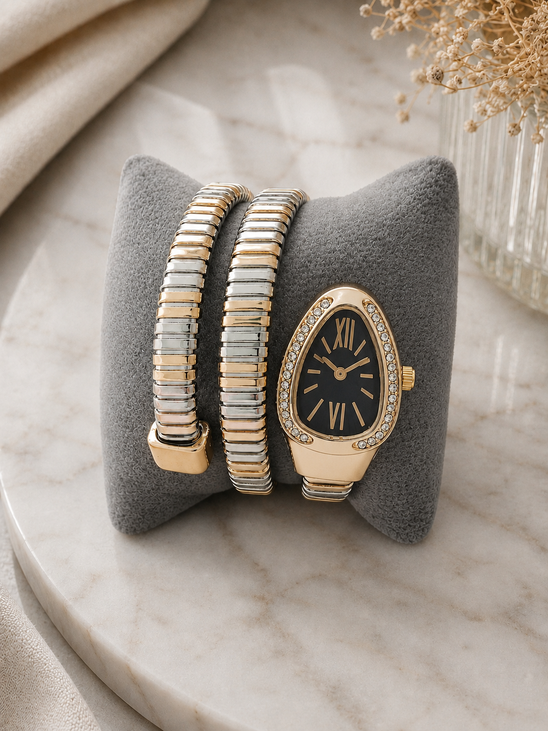 Yılan Model Kadın Kol Saati – Gold & Silver Spiral Tasarım
