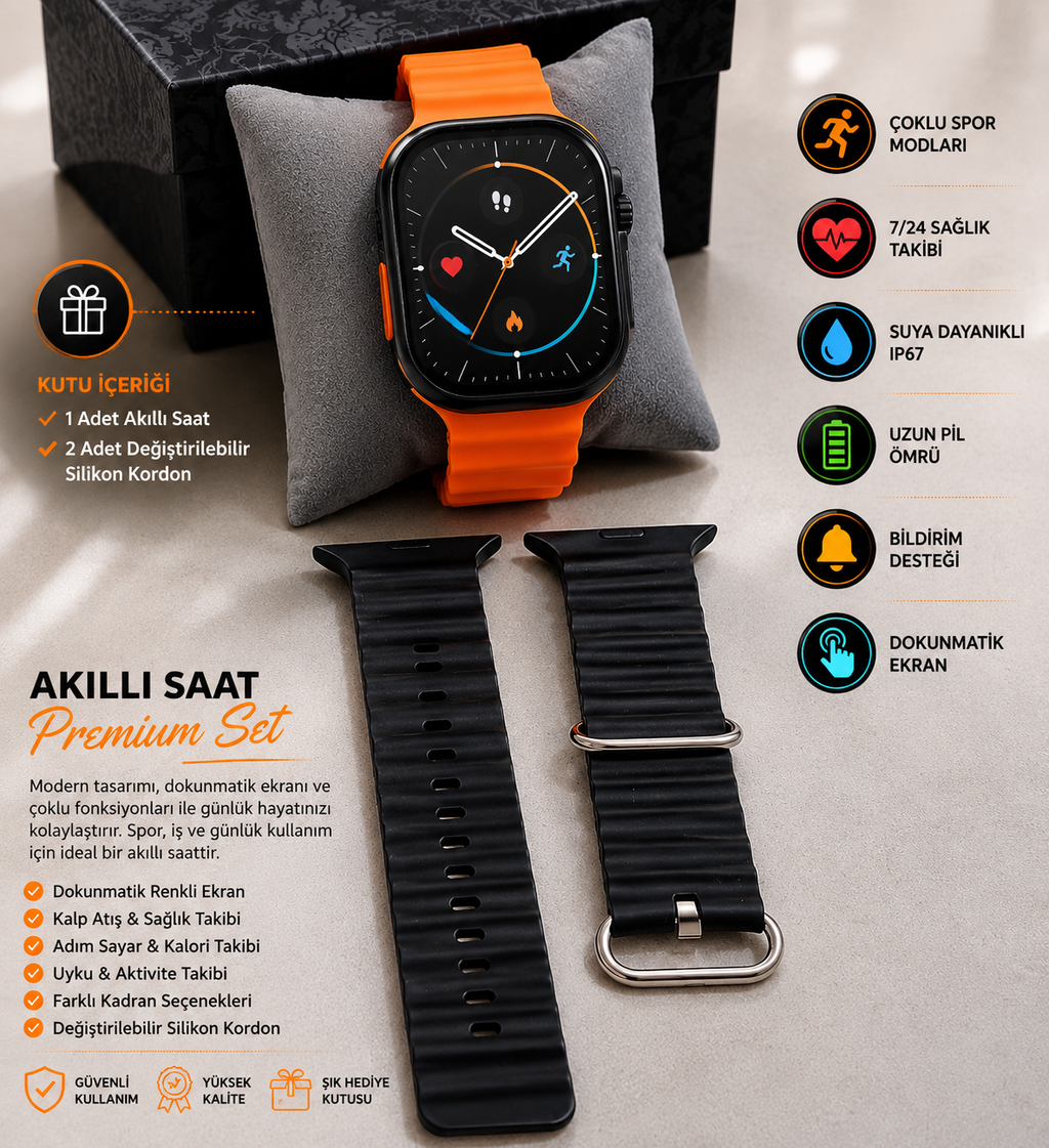 Premium Akıllı Saat Seti – Turuncu Kordonlu Akıllı Saat