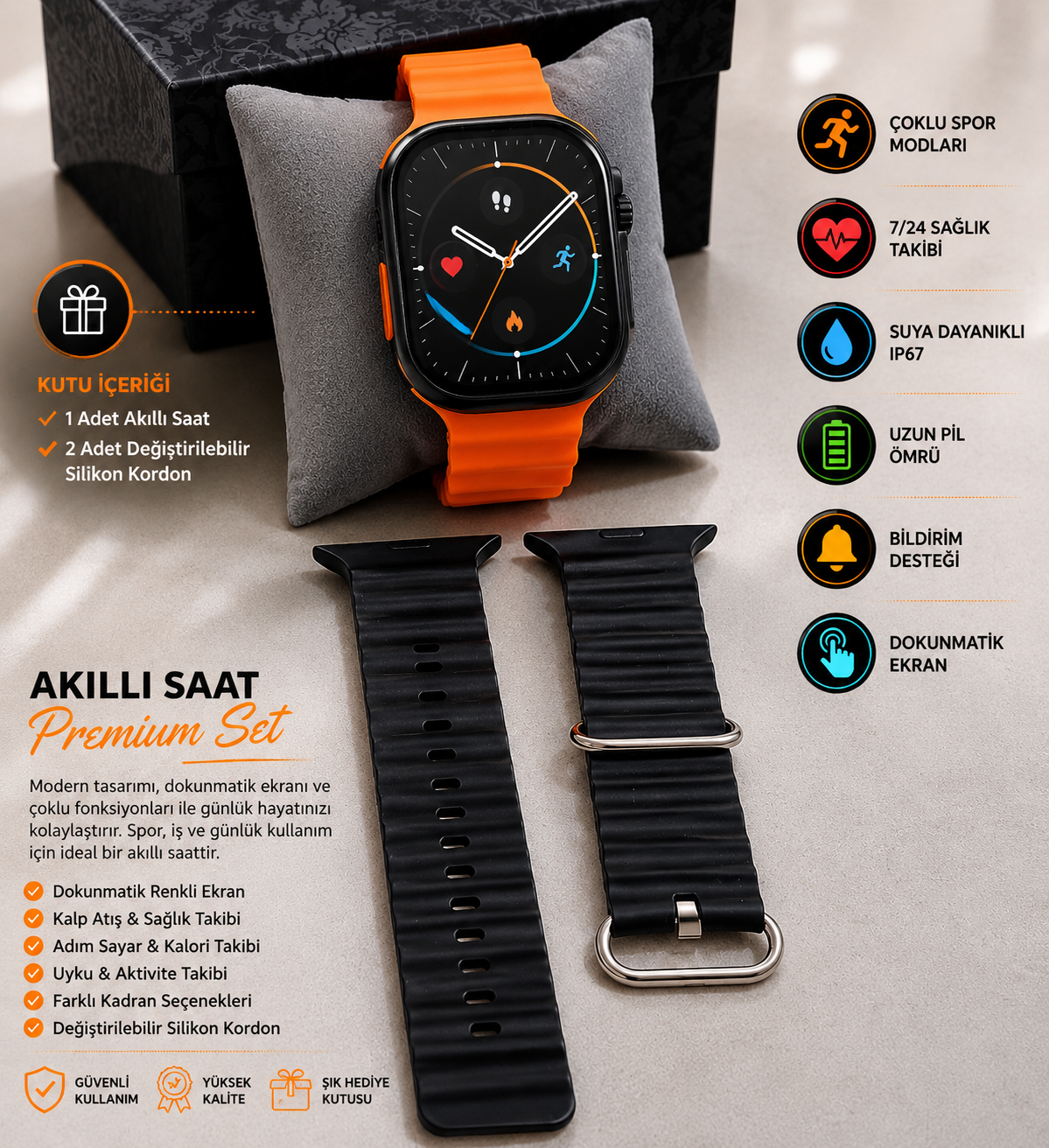 Premium Akıllı Saat Seti – Turuncu Kordonlu Akıllı Saat